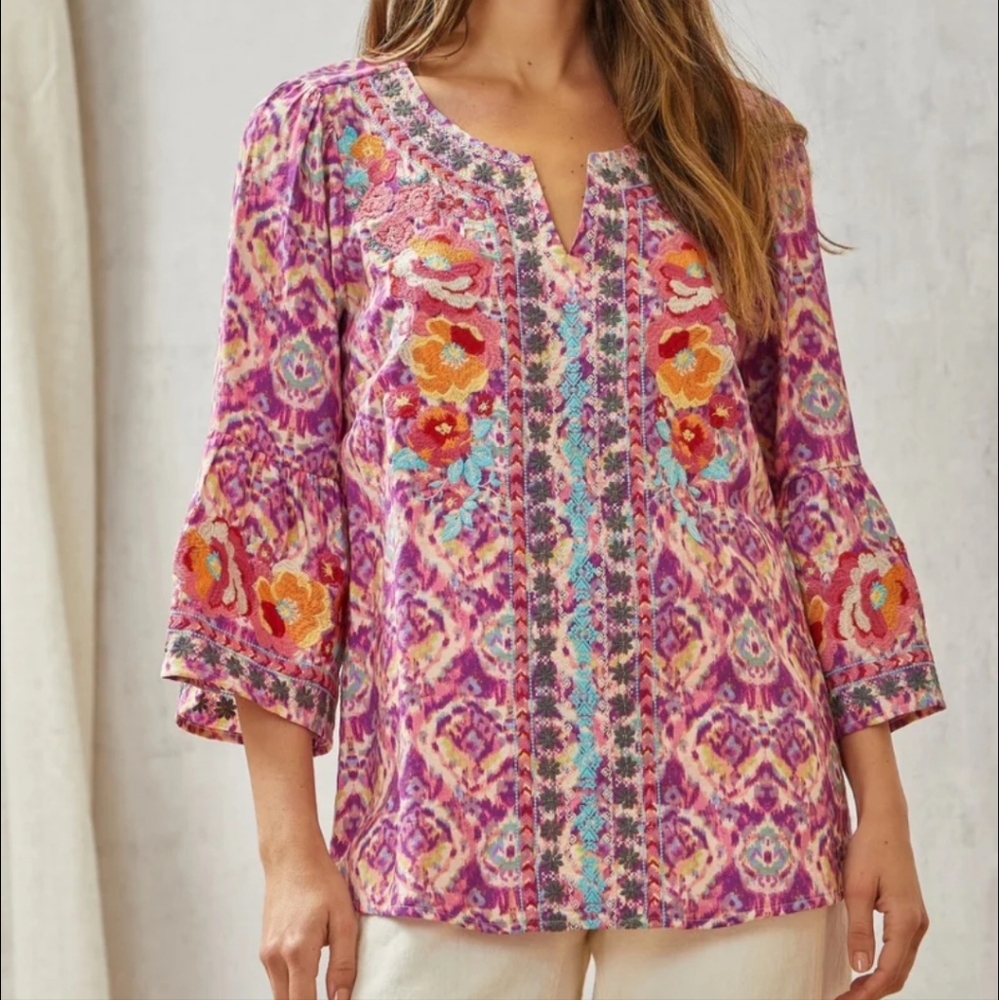 Savanna Jane Vibrant Floral Tunic Blouse - Pink and Orange NWT - Picture 3 of 9